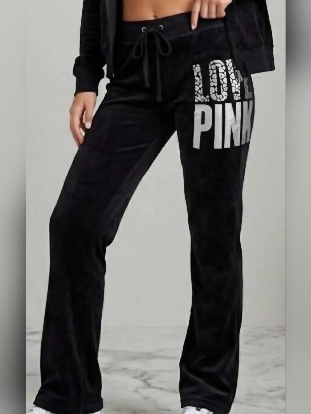 Victoria's Secret Black Velour Pants with Silver Cheetah 'LOVE PINK' Graphic S